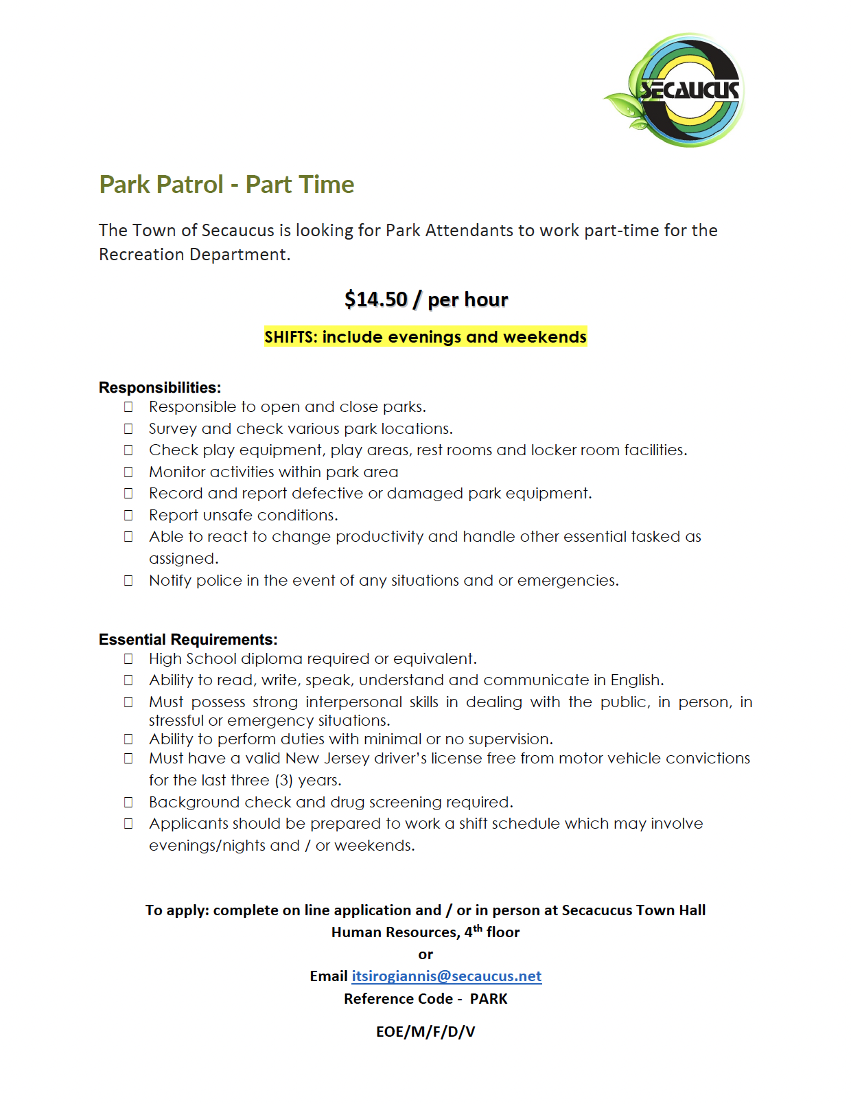 Part-Time Park Patrol Opportunity Available
