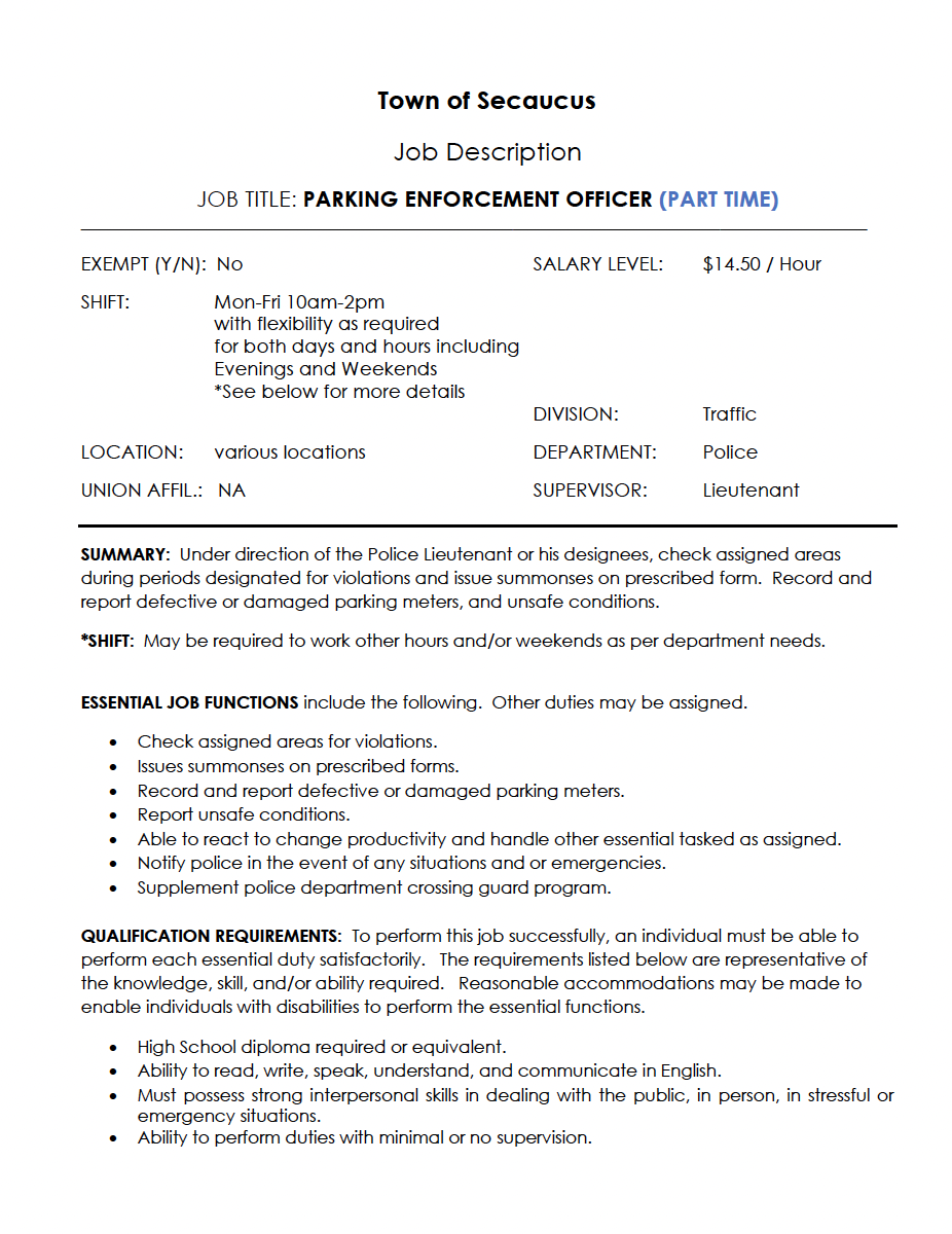Part-Time Parking Enforcement Office Opportunity Available flyer